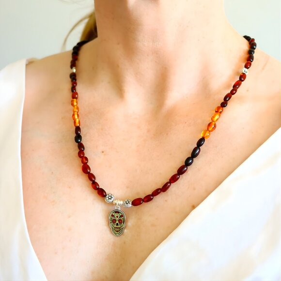 Baltic Amber Beaded Skull Necklace - Picture 3 of 8